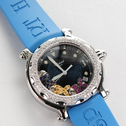 Chopard Stainless Steel Rubber Diamond Bezel Ruby Yellow Blue Sapphire 39mm Happy Sport Fish Quartz Watch Blue 5 of 8