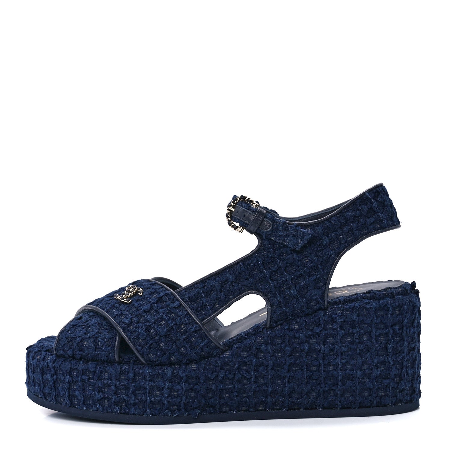 Chanel Silk Linen Tweed Quilted CC Platform Sandals 37 Navy Blue Gray 1 of 9