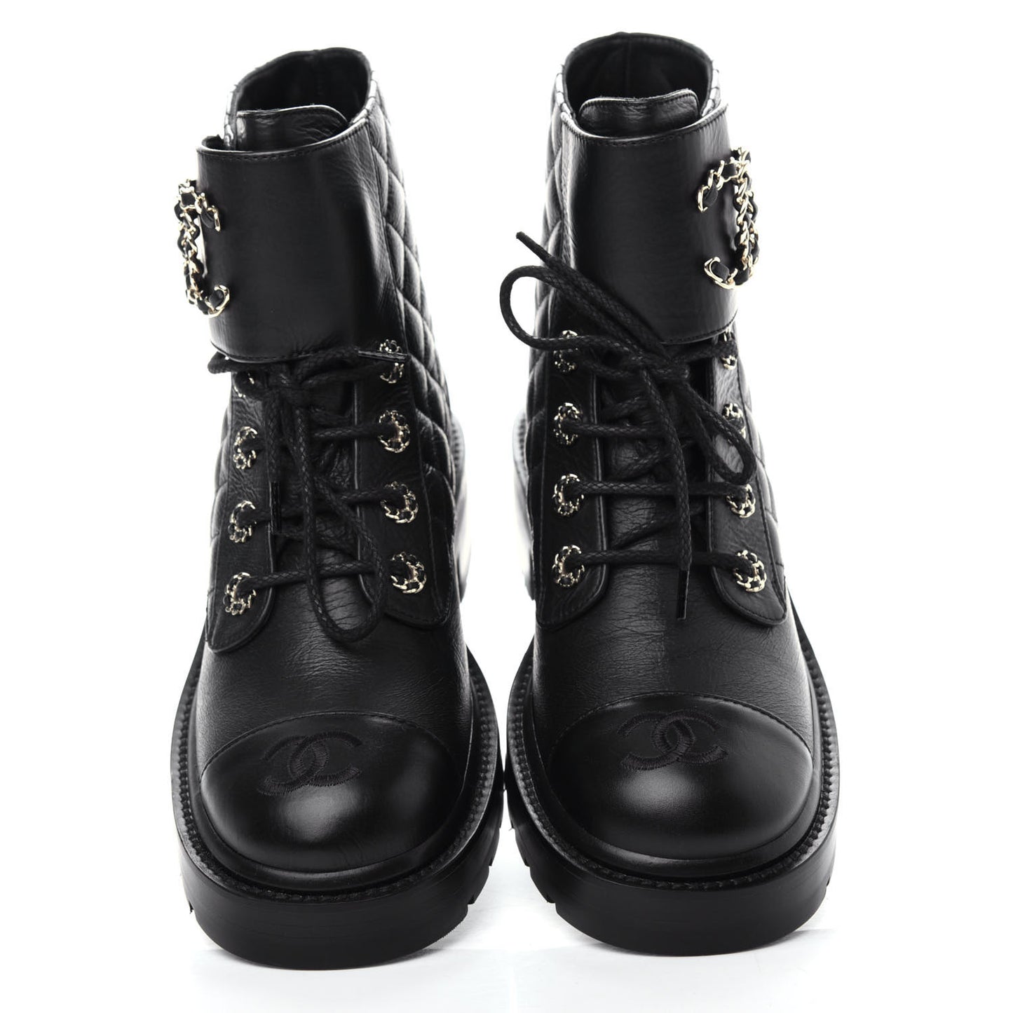 Shiny Goatskin Calfskin Quilted Lace Up Combat Boots 38 Black