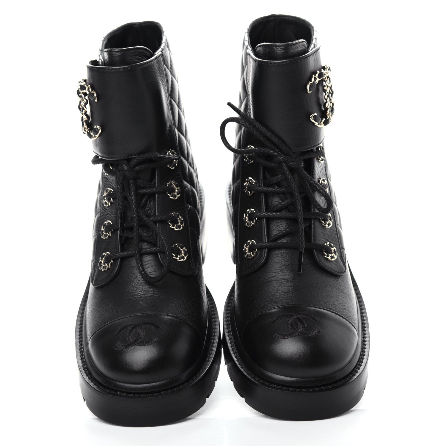 Chanel Shiny Goatskin Calfskin Quilted Lace Up Combat Boots 38 Black 5 of 10