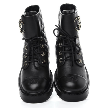 Chanel Shiny Goatskin Calfskin Quilted Lace Up Combat Boots 38 Black 5 of 10