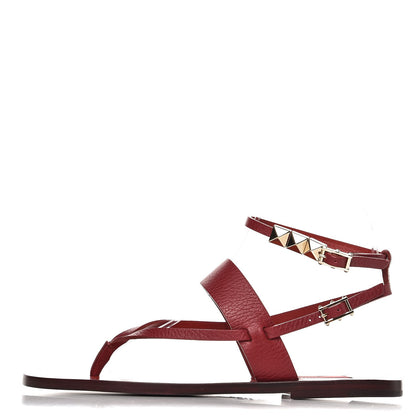 Valentino Garavani Calfskin Rockstud Ankle Wrap Flat Thong Sandals 37 Rubino 1 of 9