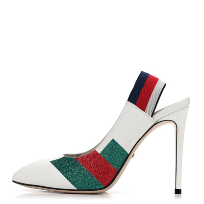 Gucci Calfskin Glitter Web High Heel Slingback Pumps 39 White 1 of 4