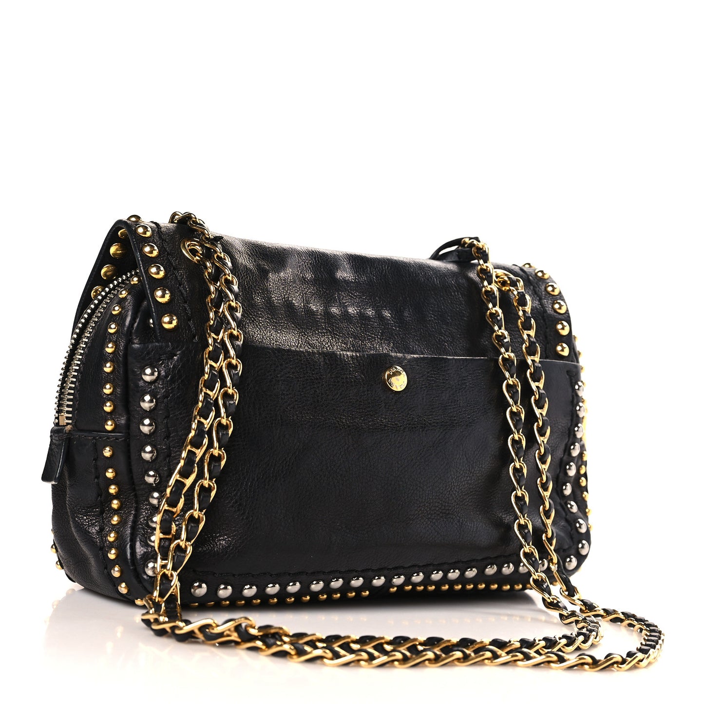 Glace Calf Studded Pushlock Chain Shoulder Bag Black