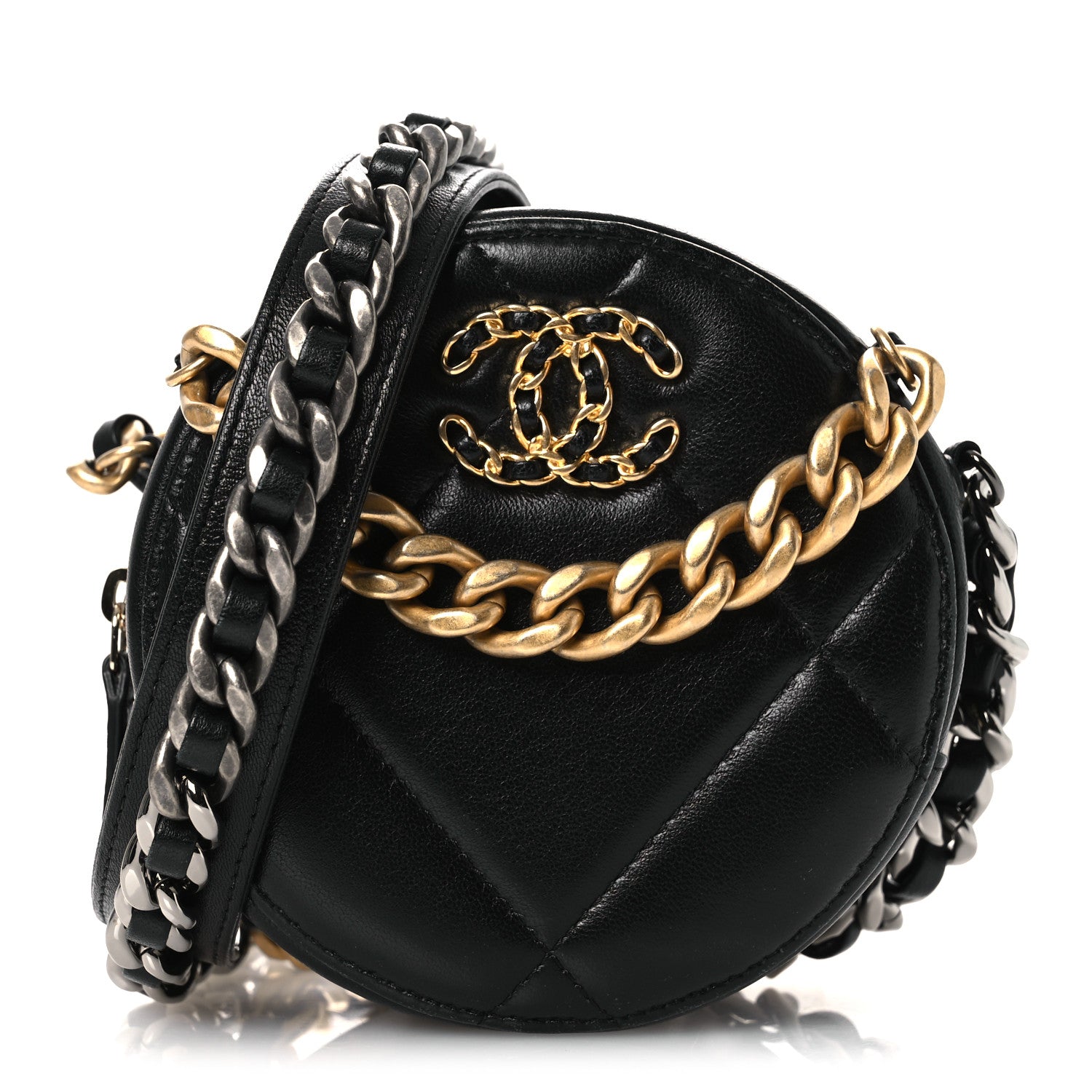 Chanel Lambskin Quilted Chanel 19 Round Clutch With Chain Black 1 of 11