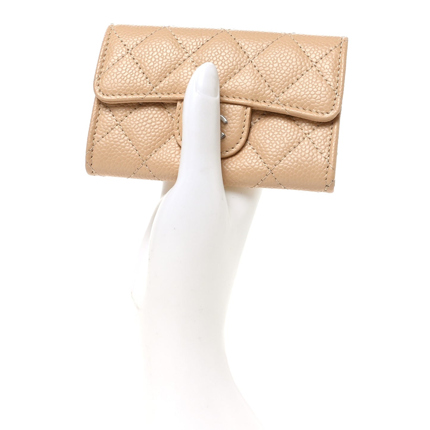 Caviar Quilted Flap Card Holder Wallet Beige