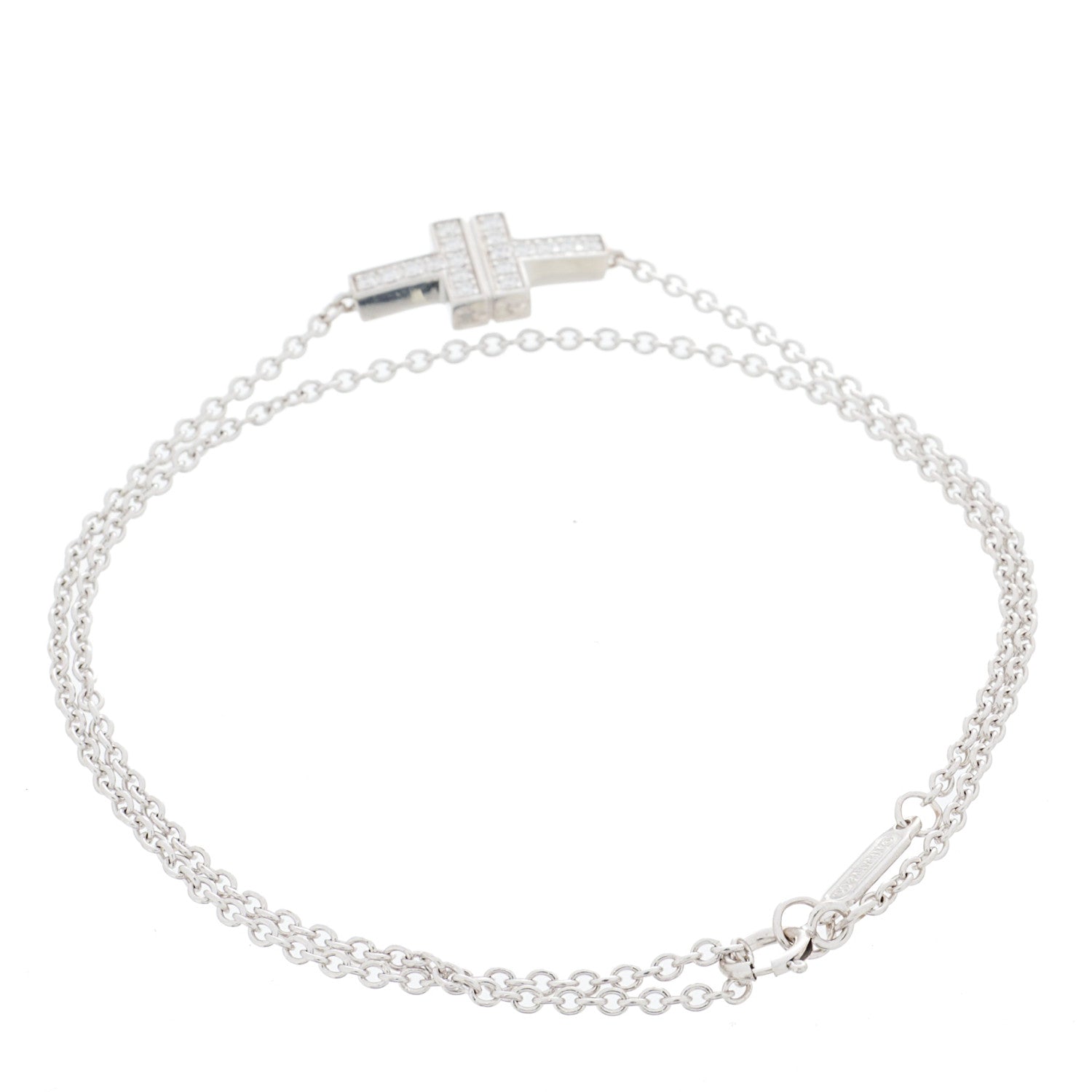 Tiffany 18K White Gold Diamond T Double Chain Bracelet 2 of 4