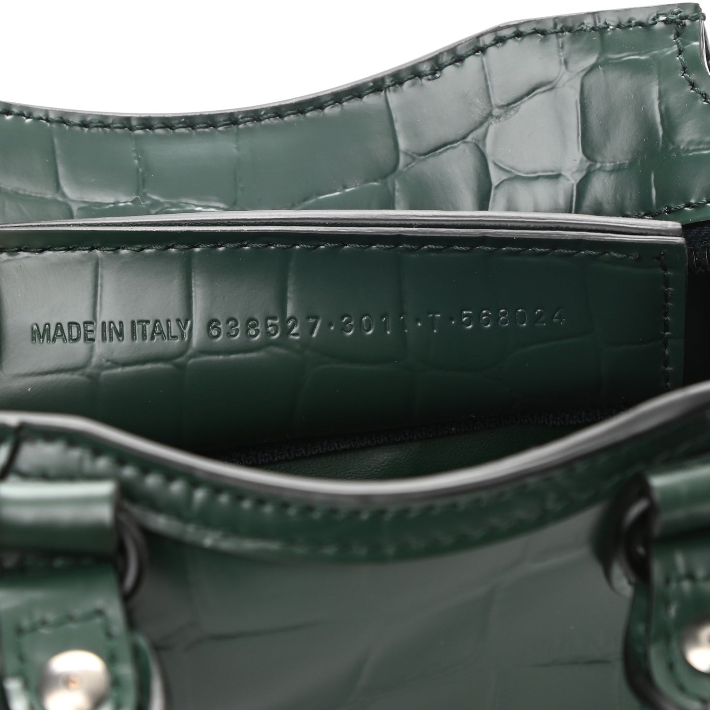 Semi Shiny Calfskin Crocodile Embossed Neo Classic Black Hardware Nano City Crossbody Forest Green