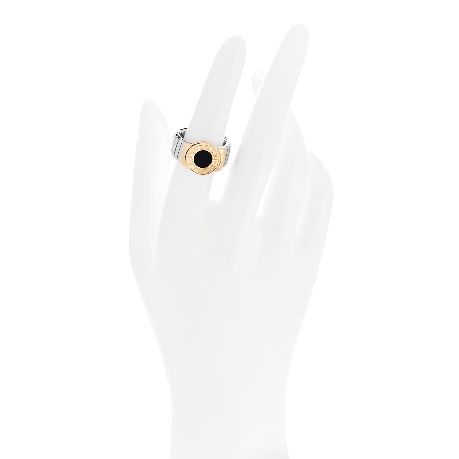 Bulgari Stainless Steel 18K Yellow Gold Onyx Tubogas Ring 53 6.25 2 of 4