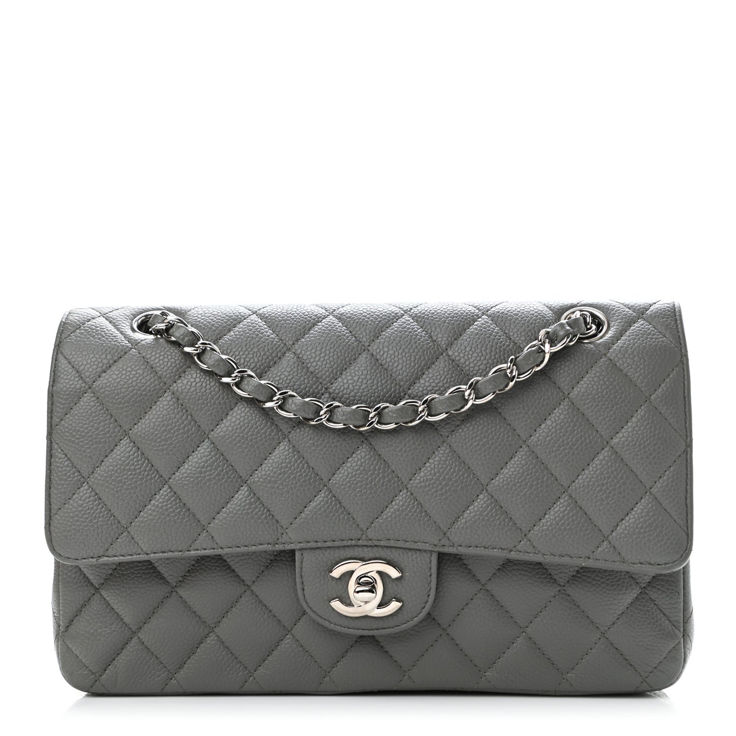 Caviar Quilted Medium Double Flap Grey