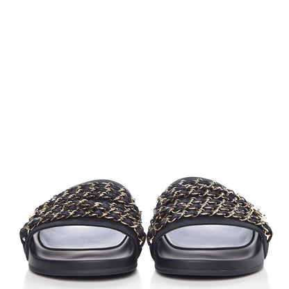 Chanel Satin Chain Flat Sandals 37 Marine 2 of 9