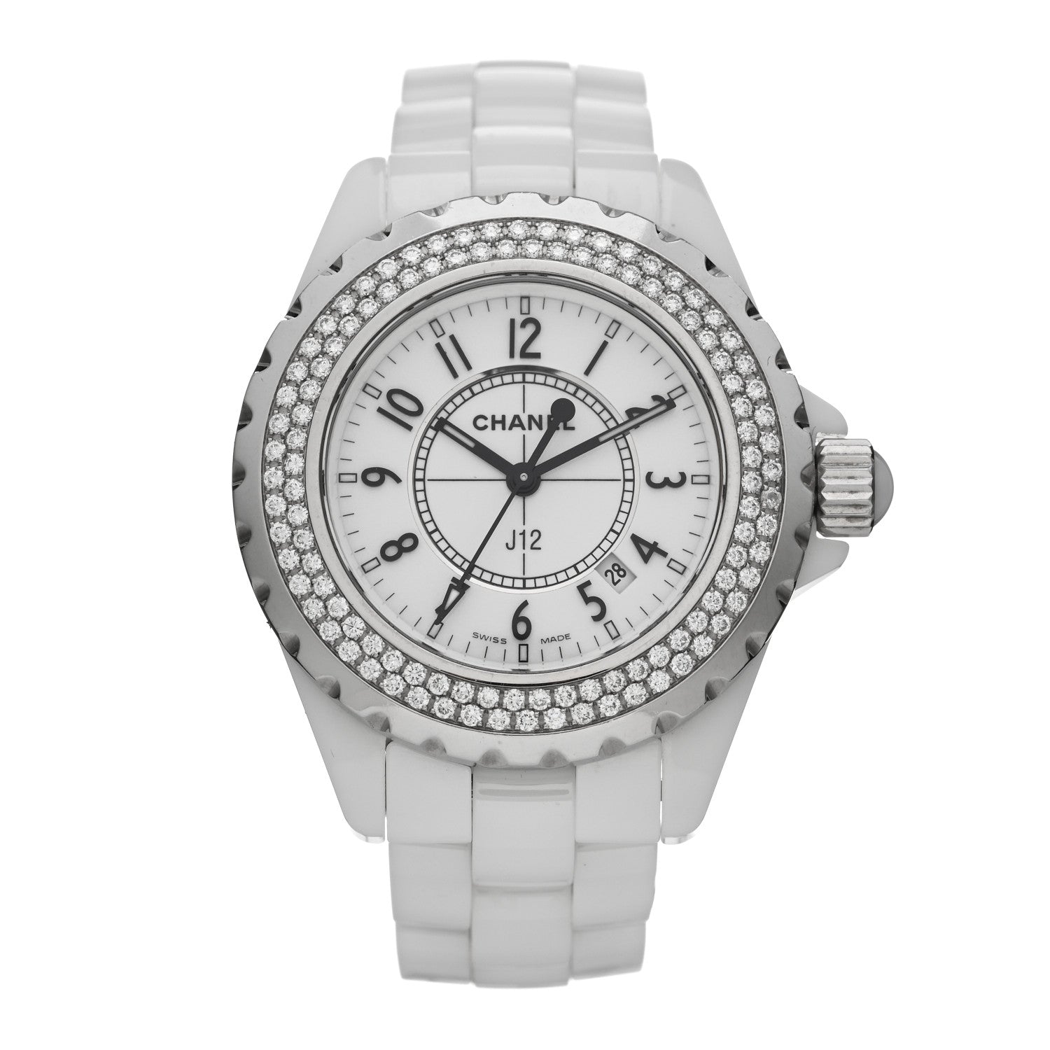 Chanel Stainless Steel Ceramic Diamond Pave Bezel 33mm J12 Quartz Watch White 1 of 4