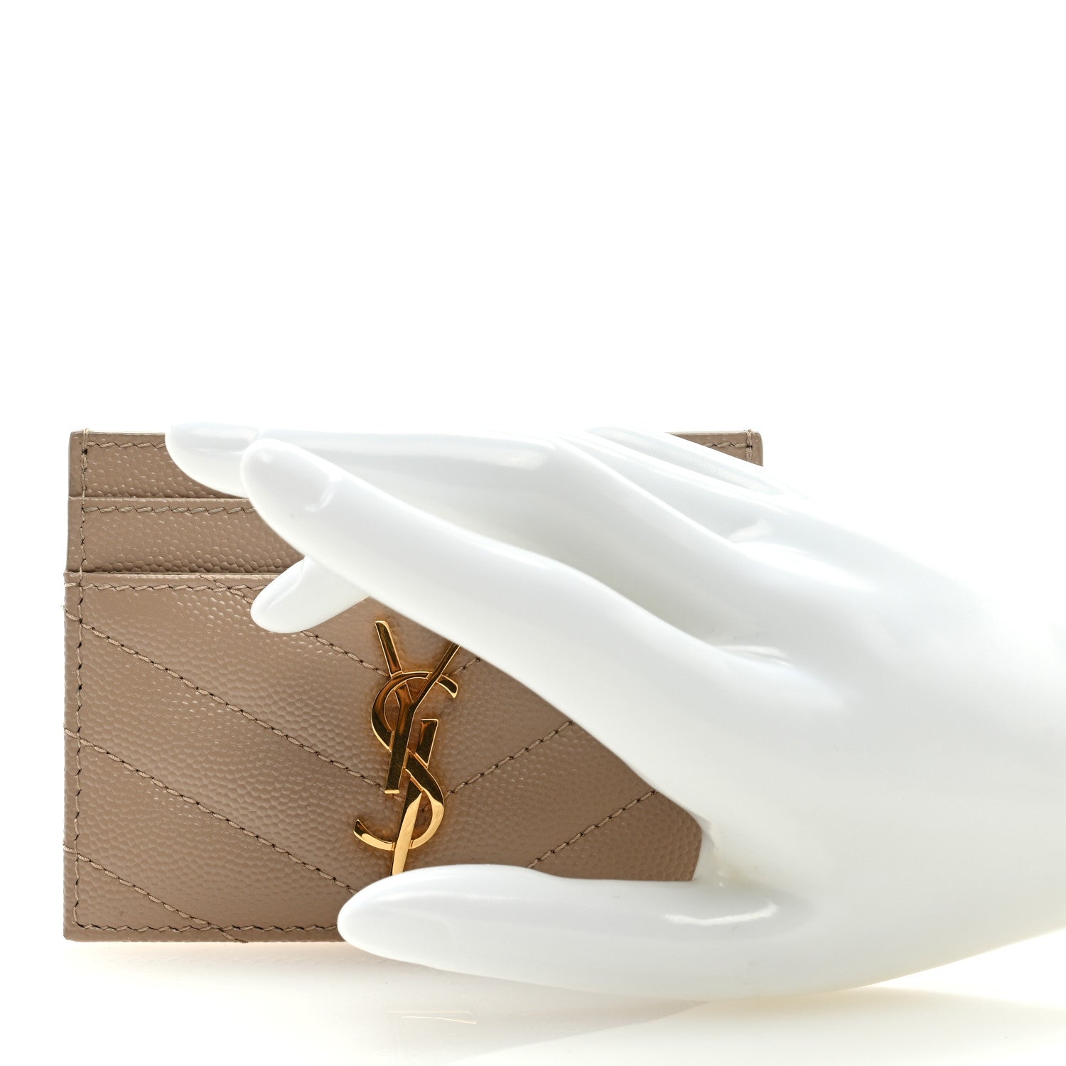 Saint Laurent Grain De Poudre Matelasse Chevron Monogram Credit Card Case Dark Beige 2 of 6