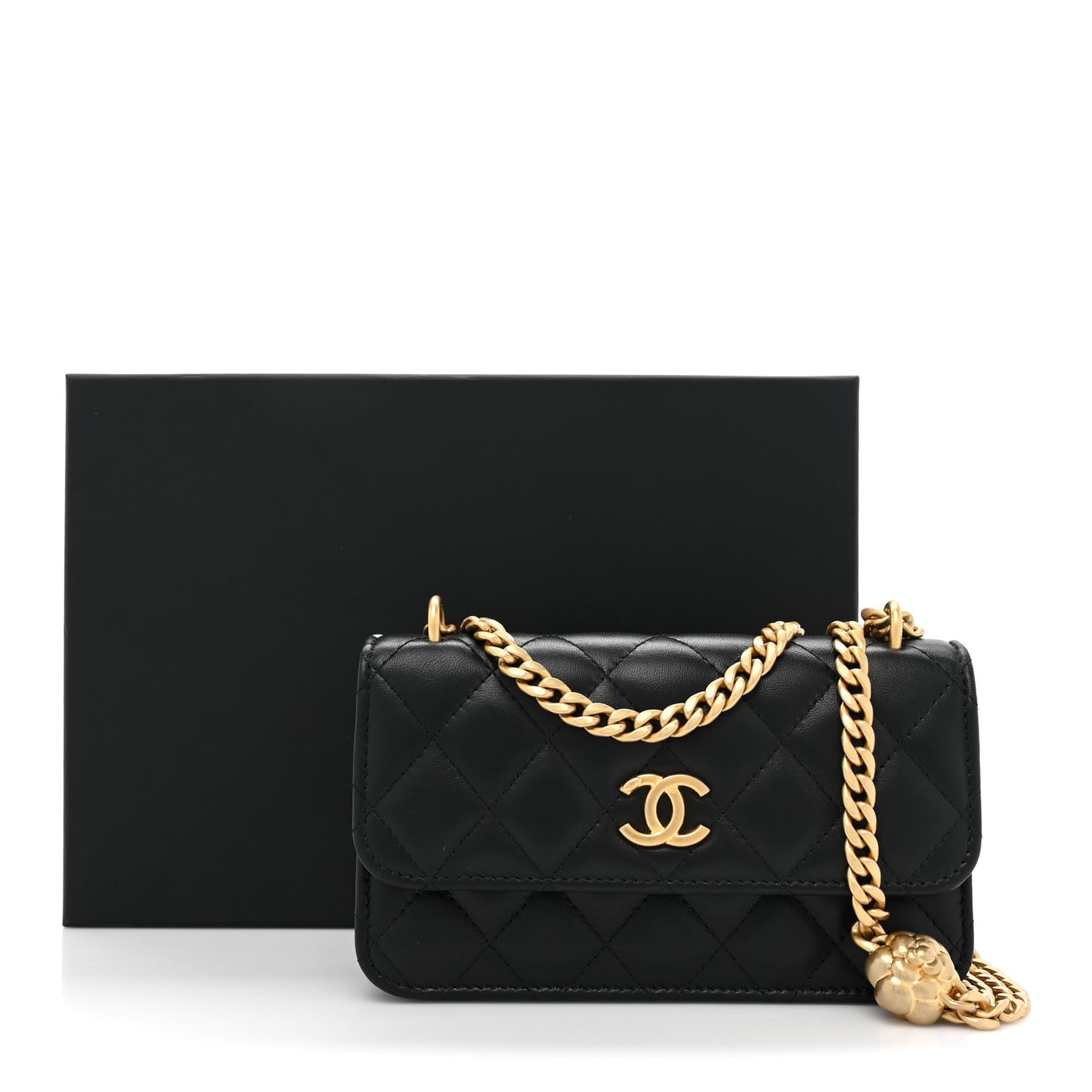 Lambskin Quilted Sweet Camellia Flap Phone Holder With Chain Black