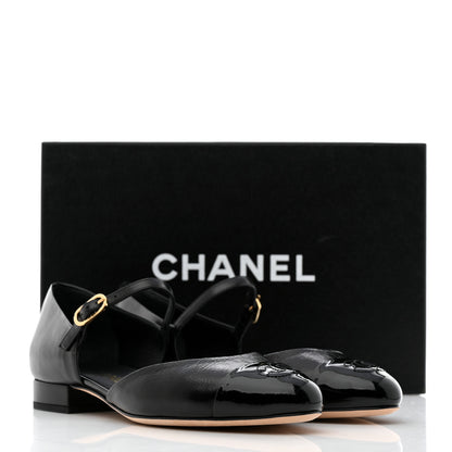 Chanel Glazed Calfskin Patent Cap Toe CC Mary Jane Flats 37 Black 9 of 9