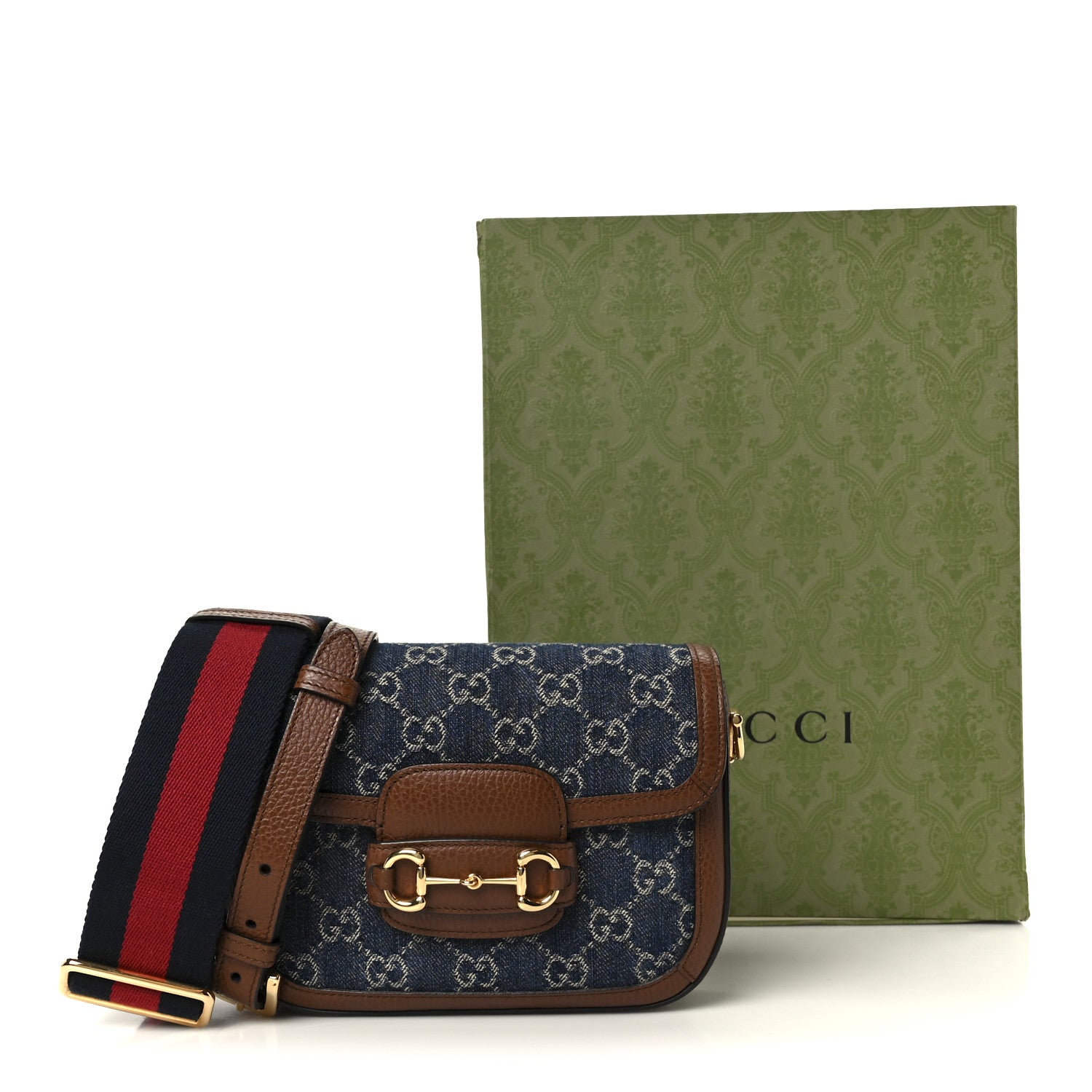 Gucci New Denim GG Monogram Dollar Calfskin Web Mini Horsebit 1955 Shoulder Bag Blue Tea Cuir Epilog 13 of 13