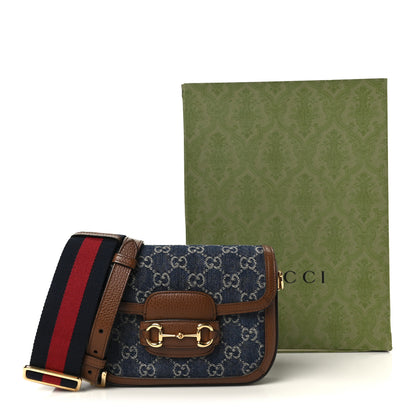 Gucci New Denim GG Monogram Dollar Calfskin Web Mini Horsebit 1955 Shoulder Bag Blue Tea Cuir Epilog 13 of 13