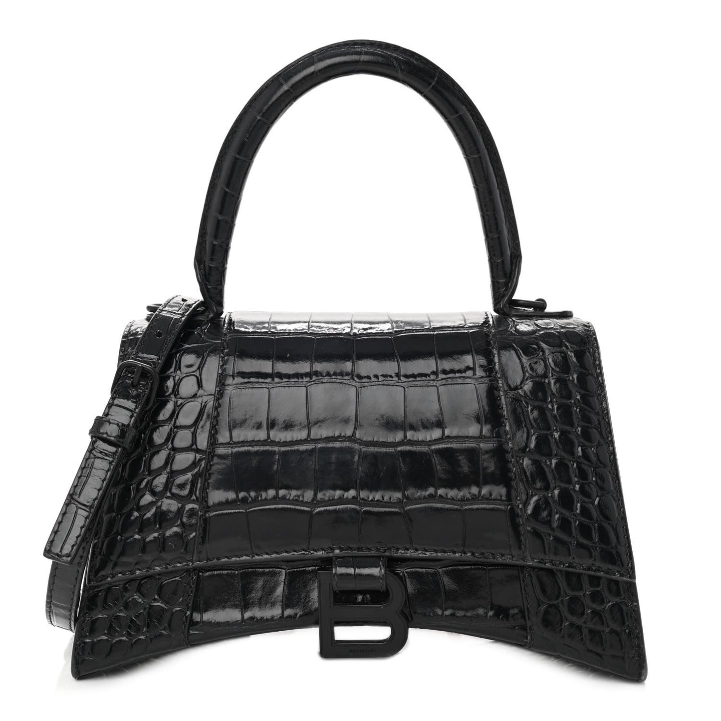 Shiny Calfskin Monochrome Crocodile Embossed Small Hourglass Top Handle Bag Black