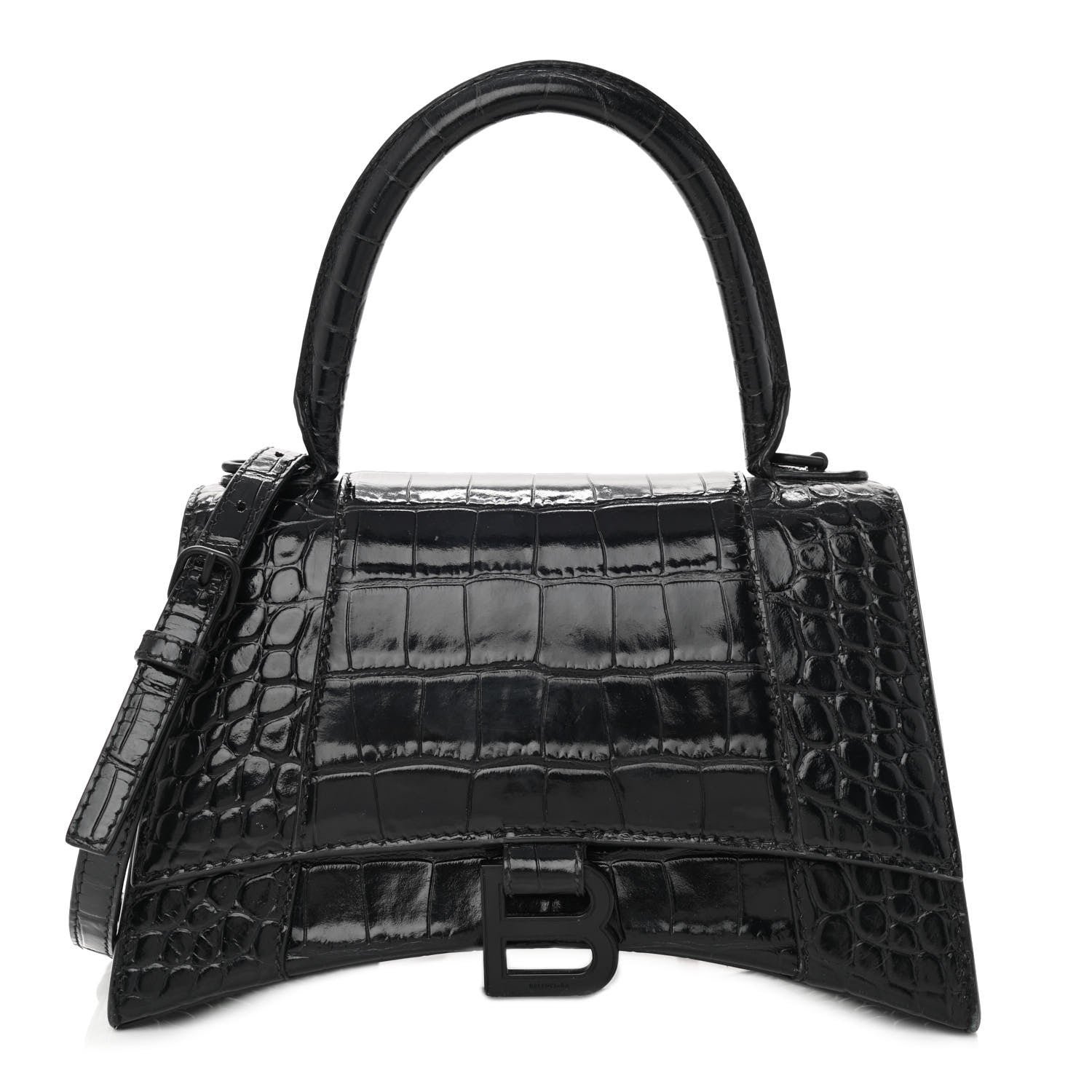 Balenciaga Shiny Calfskin Monochrome Crocodile Embossed Small Hourglass Top Handle Bag Black 1 of 9