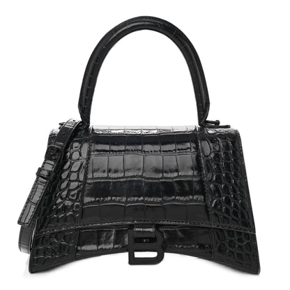 Balenciaga Shiny Calfskin Monochrome Crocodile Embossed Small Hourglass Top Handle Bag Black 1 of 9
