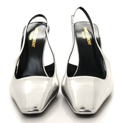 Saint Laurent Glazed Calfskin Tom 90 Dream Slingback Pumps 37 Argento 2 of 9