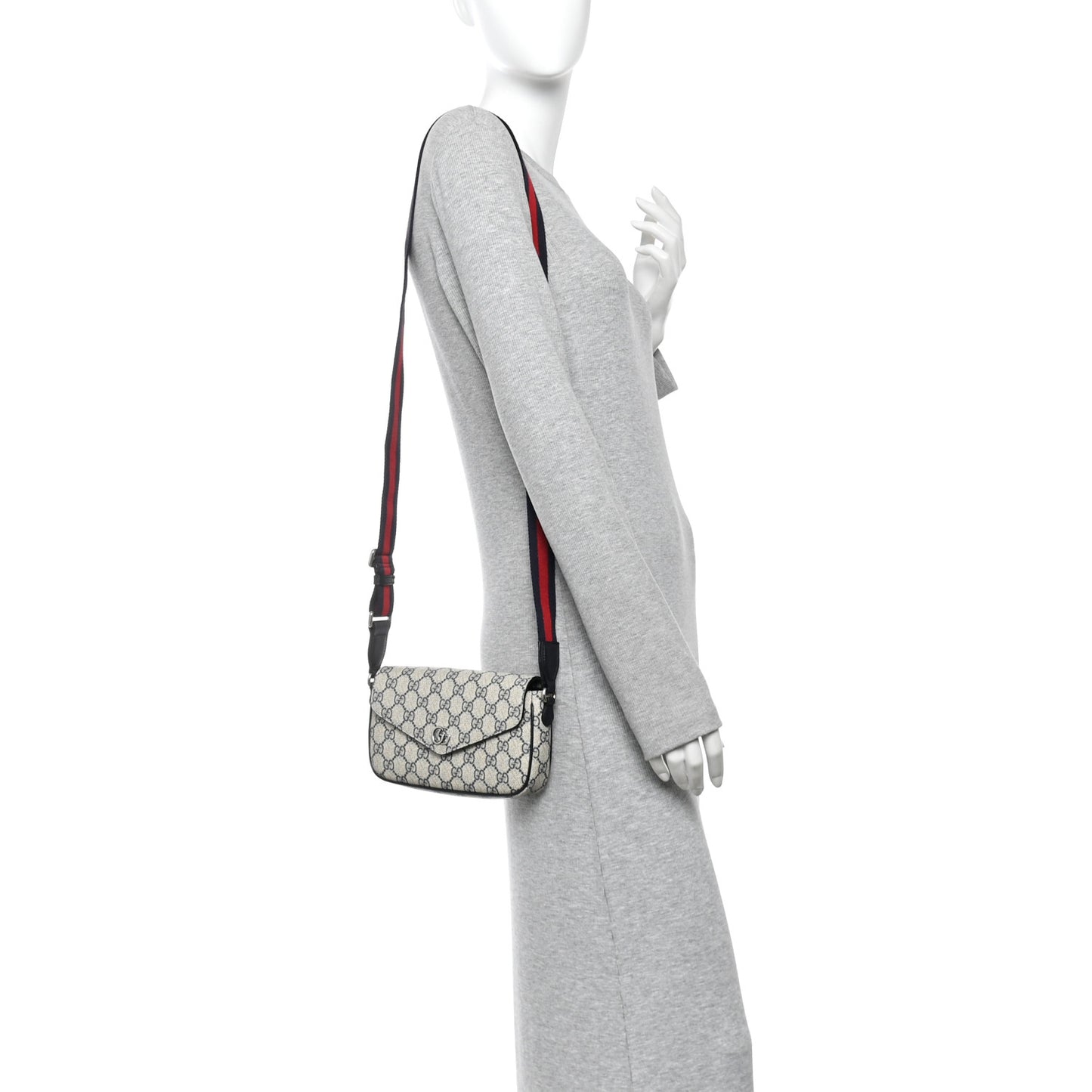 GG Supreme Monogram Textured Dollar Calfskin Web Mini Ophidia Envelope Shoulder Bag Beige Blue