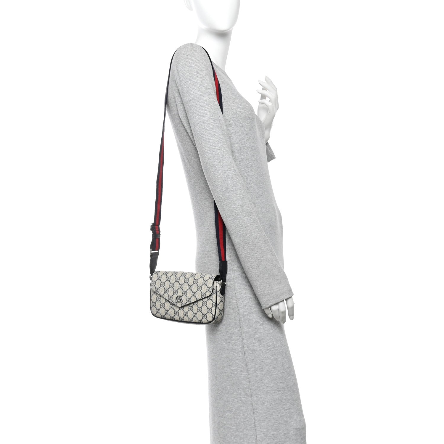 Gucci GG Supreme Monogram Textured Dollar Calfskin Web Mini Ophidia Envelope Shoulder Bag Beige Blue 2 of 12