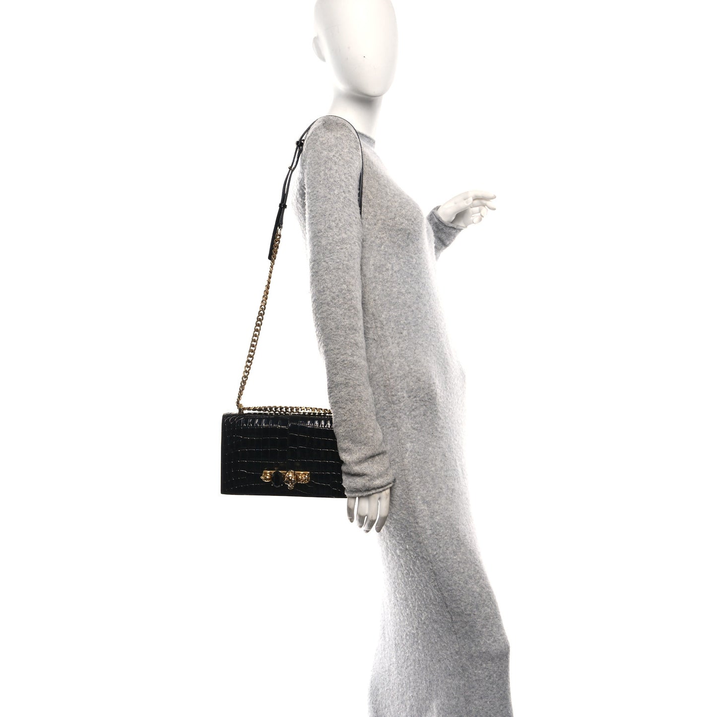 Crocodile Embossed Calfskin Knuckle Jeweled Crossbody Black