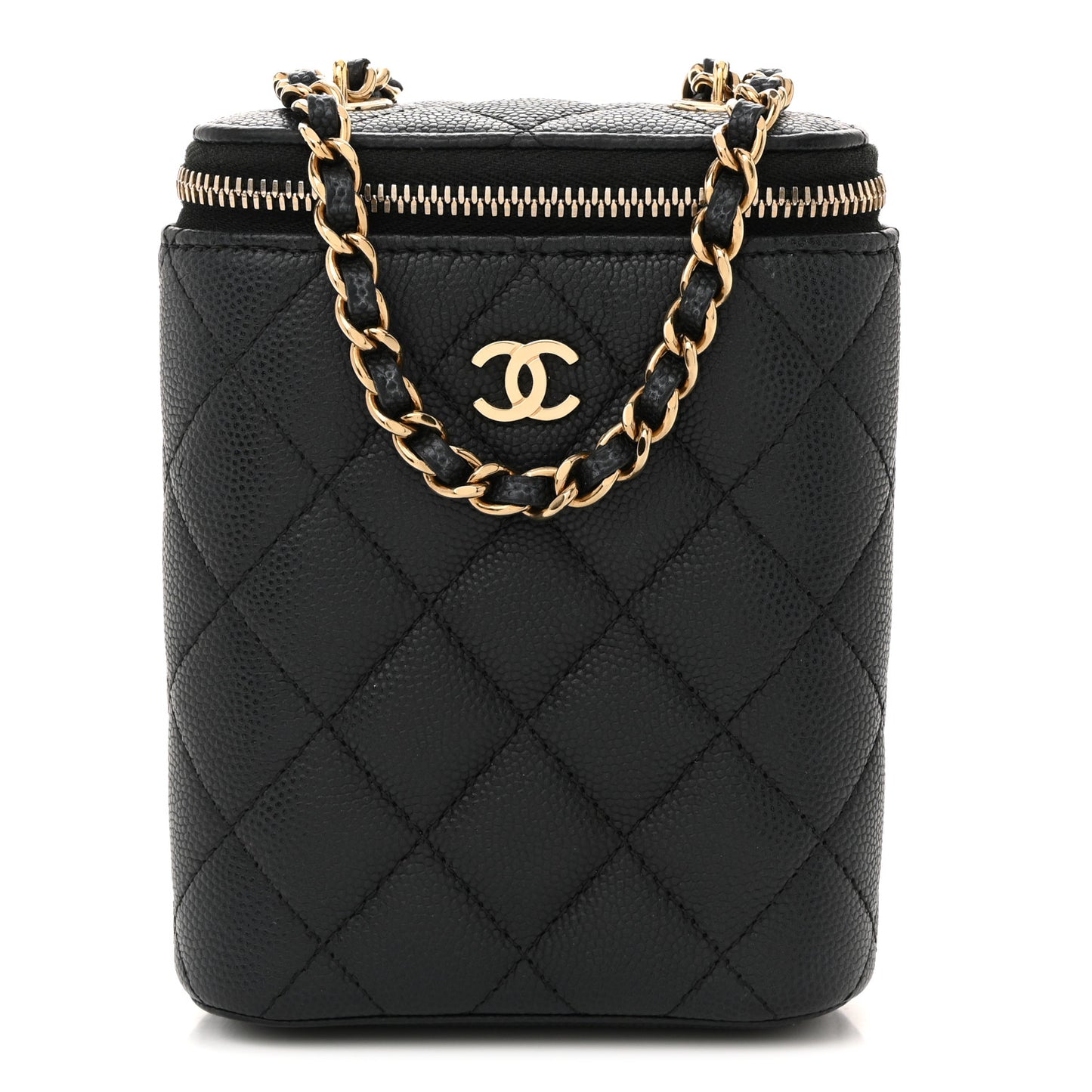 Caviar Quilted Small Vertical Coco Beauty Vanity Case With Chain Black