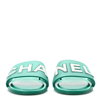 Chanel Calfskin Patent Calfskin Logo Mules 39 Green White 2 of 8