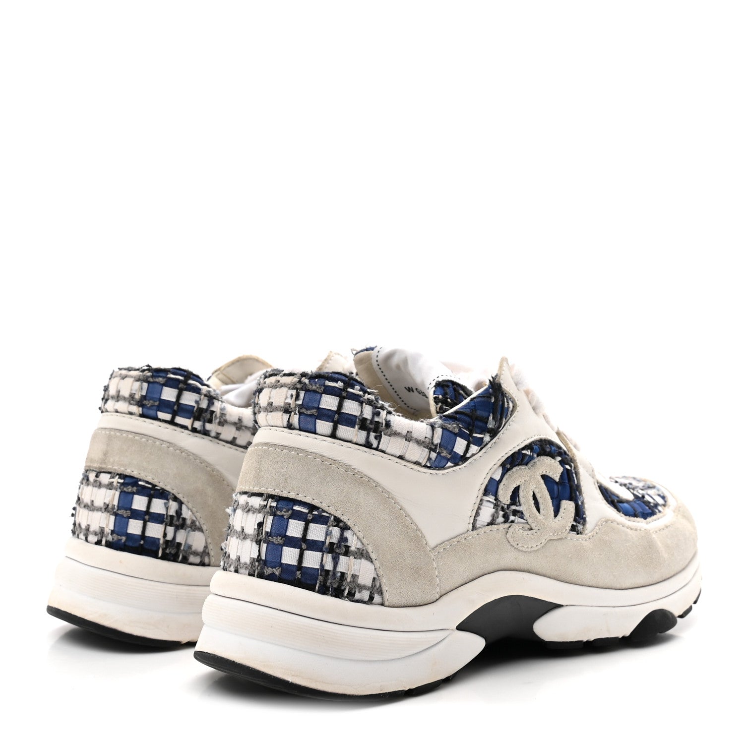 Chanel Tweed Suede Calfskin Womens CC Sneakers 37 Dark Blue Black Grey White 5 of 9