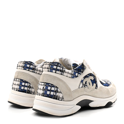 Chanel Tweed Suede Calfskin Womens CC Sneakers 37 Dark Blue Black Grey White 5 of 9