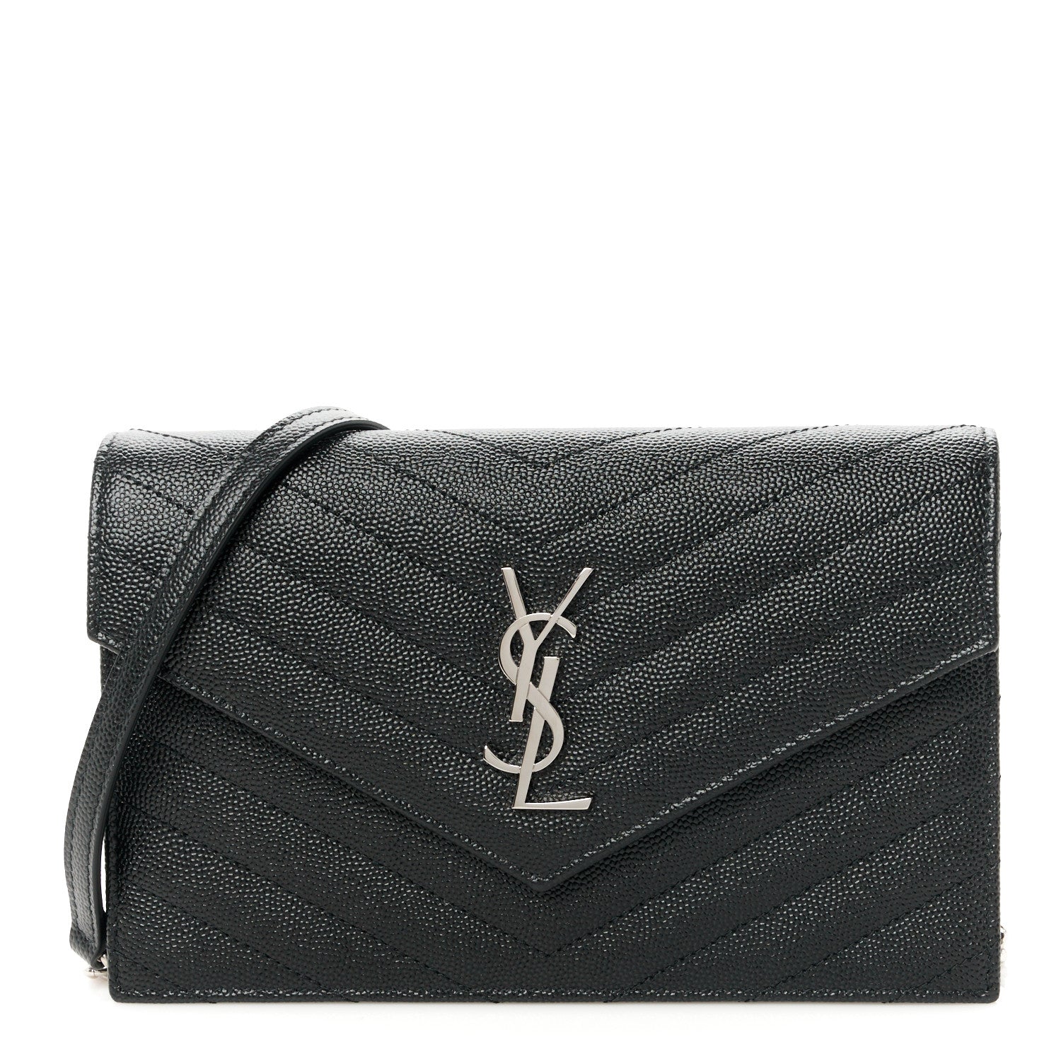 Saint Laurent Grain De Poudre Matelasse Chevron Monogram Envelope Chain Wallet Black 1 of 10