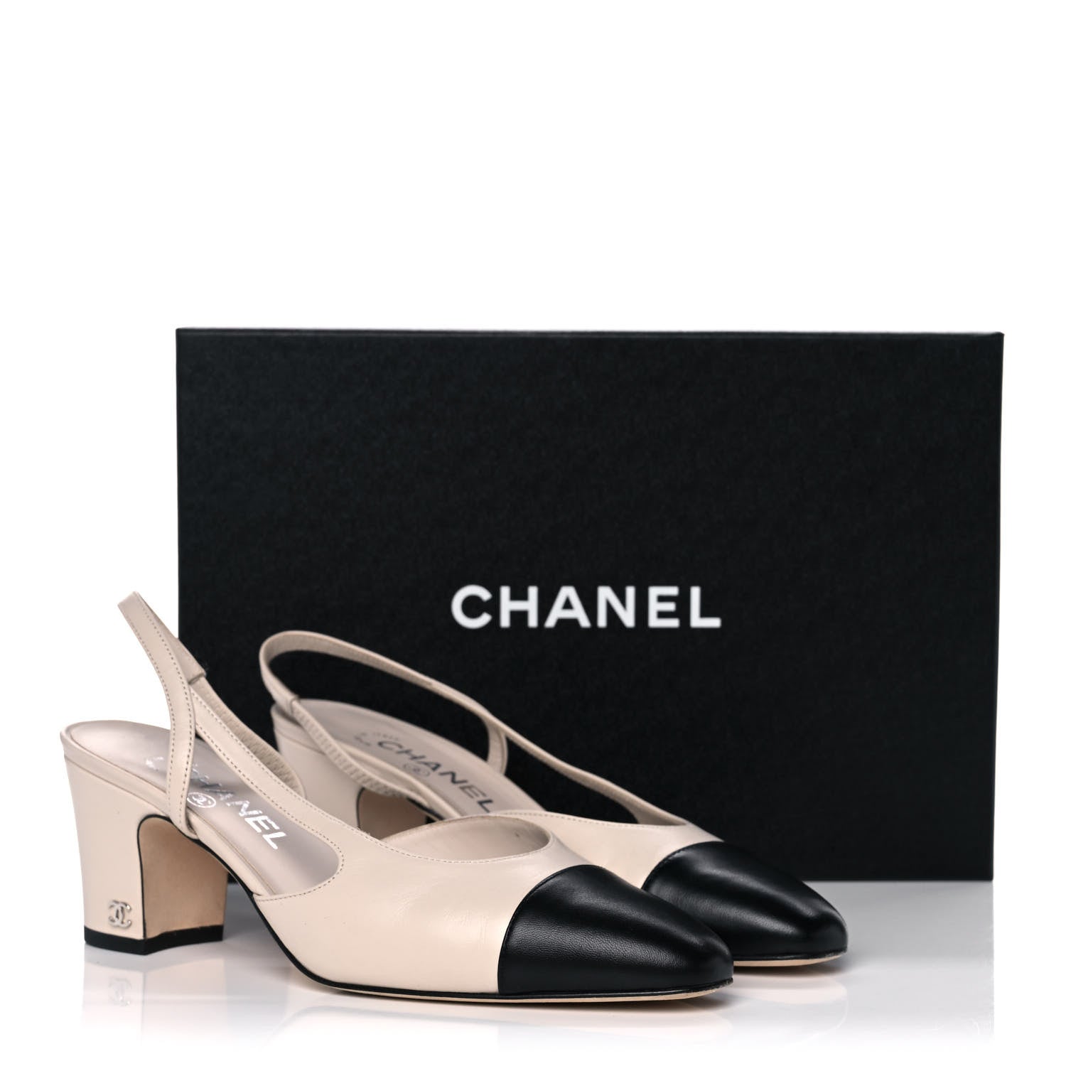 Chanel Goatskin Grosgrain Cap Toe CC Slingback Pumps 37.5 Beige Black 10 of 10