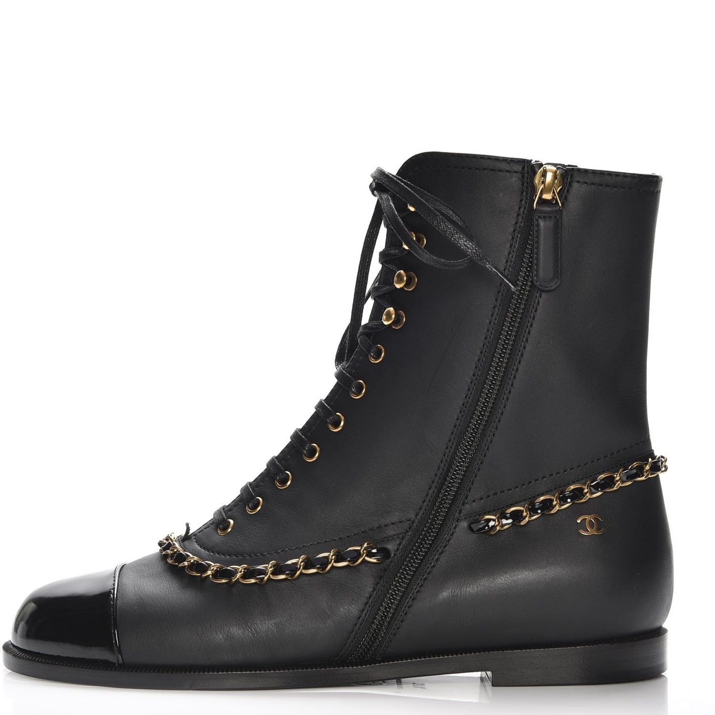 Calfskin Chain Lace Up Boots 37.5 Black