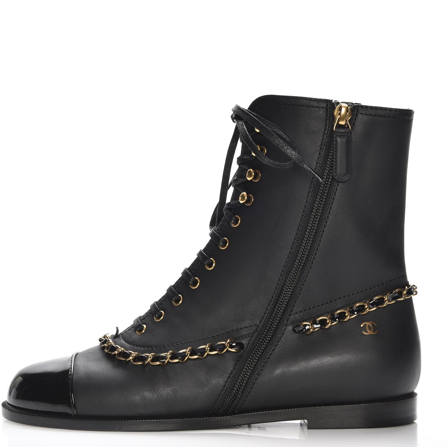 Chanel Calfskin Chain Lace Up Boots 37.5 Black 1 of 8