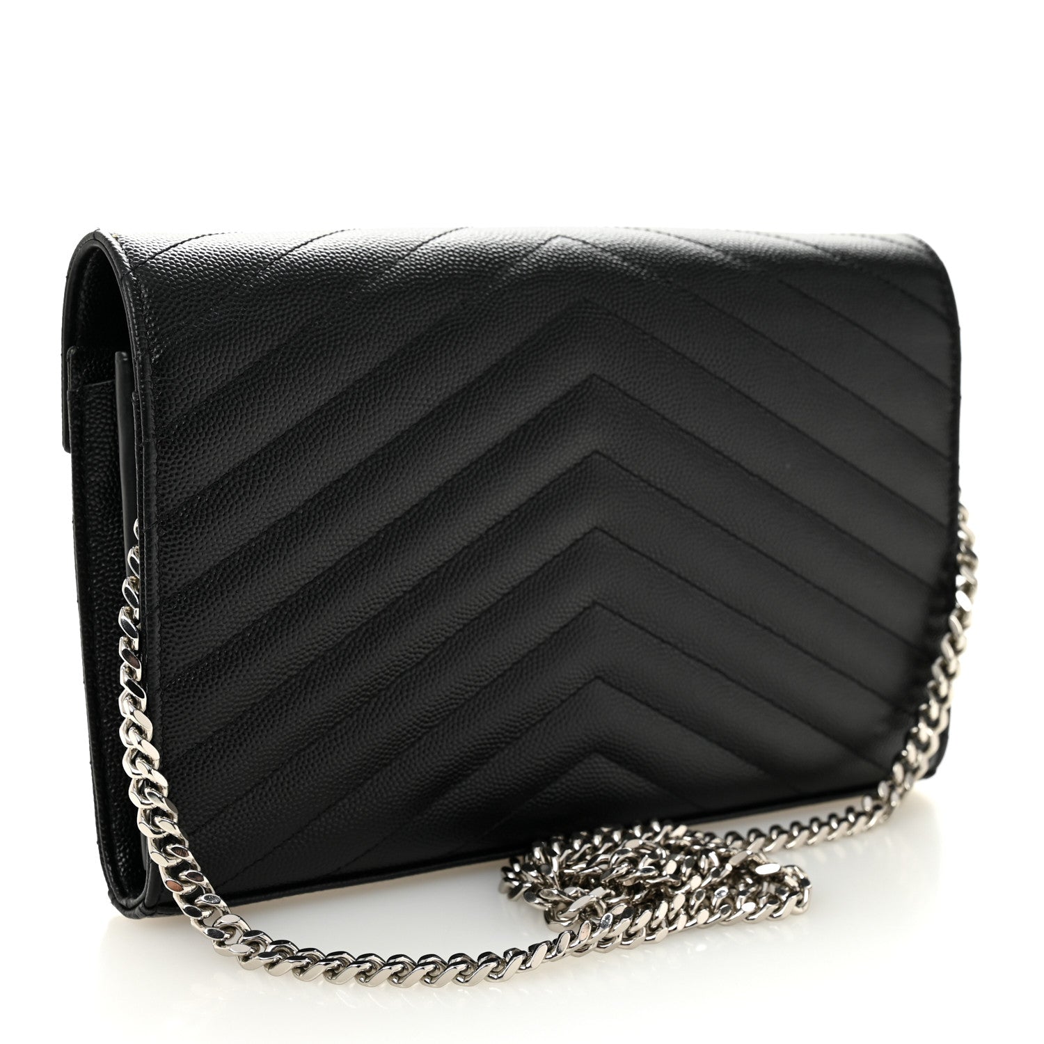 Saint Laurent Grain De Poudre Matelasse Chevron Monogram Chain Wallet Black 3 of 10