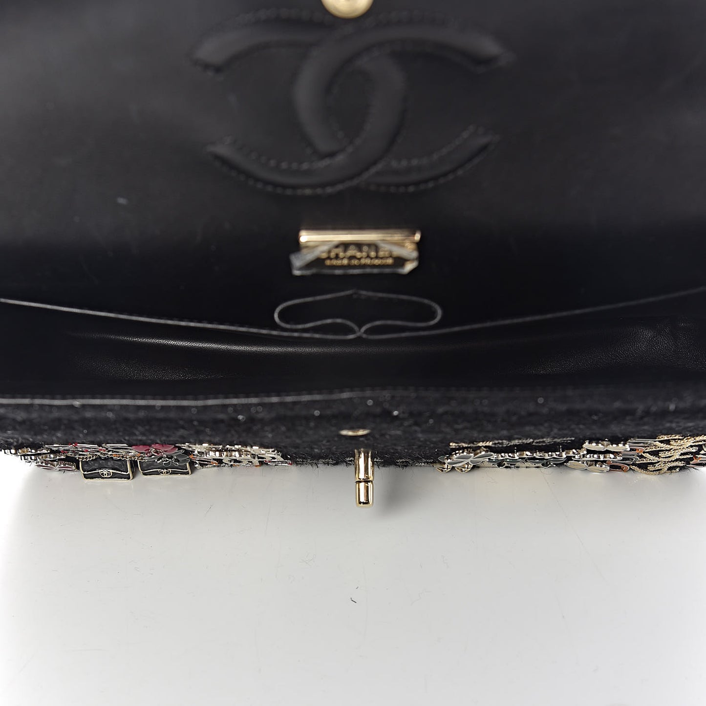 Tweed Lambskin Charms Embroidered Medium Double Flap Black