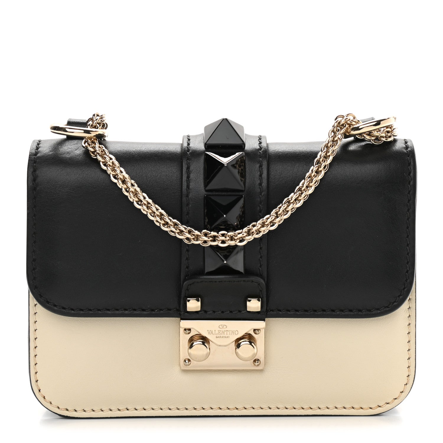 Valentino Garavani Vitello Mini Glam Lock Rockstud Flap Black Light Ivory 2 of 12