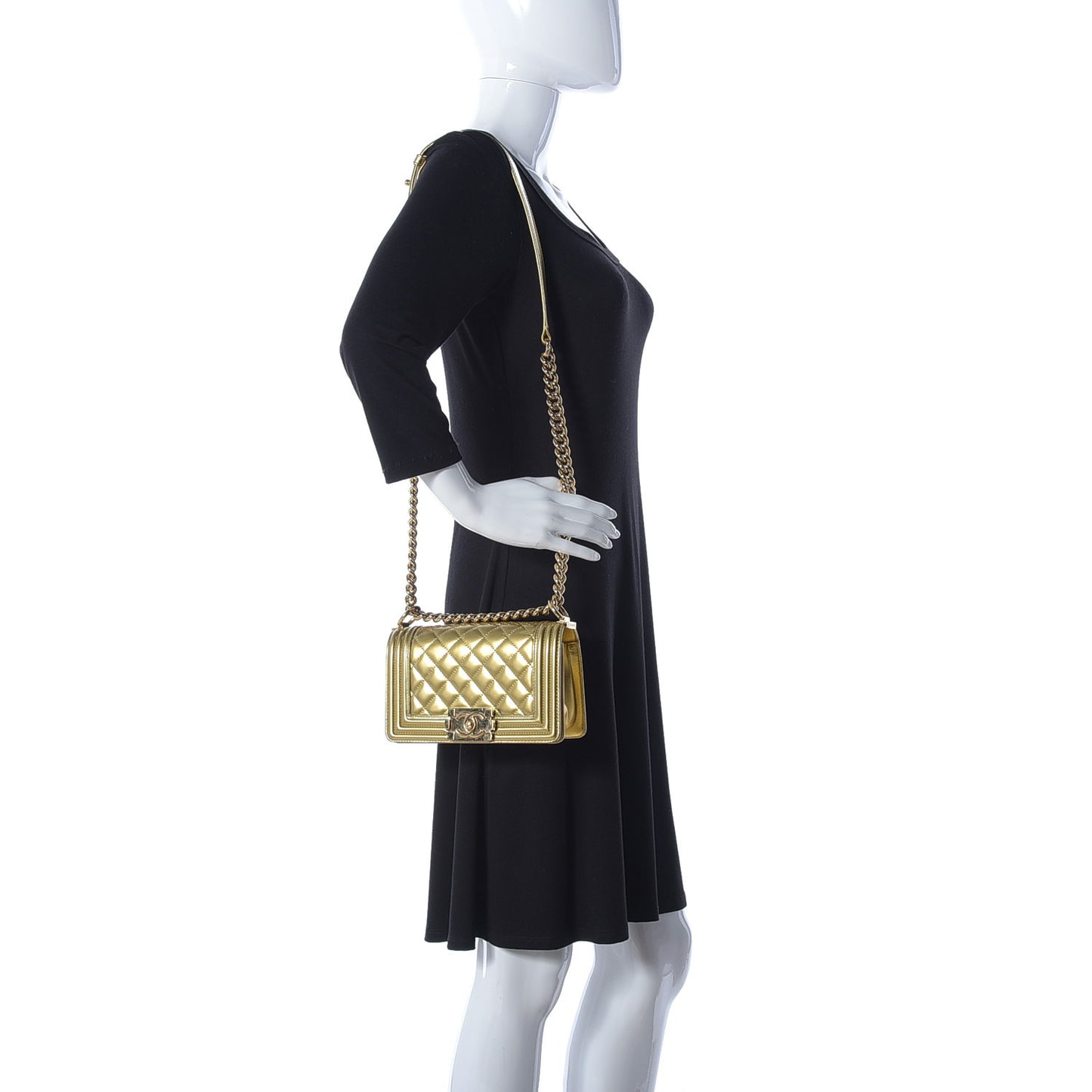 Metallic Patent Calfskin Quilted Small Boy Flap Gold