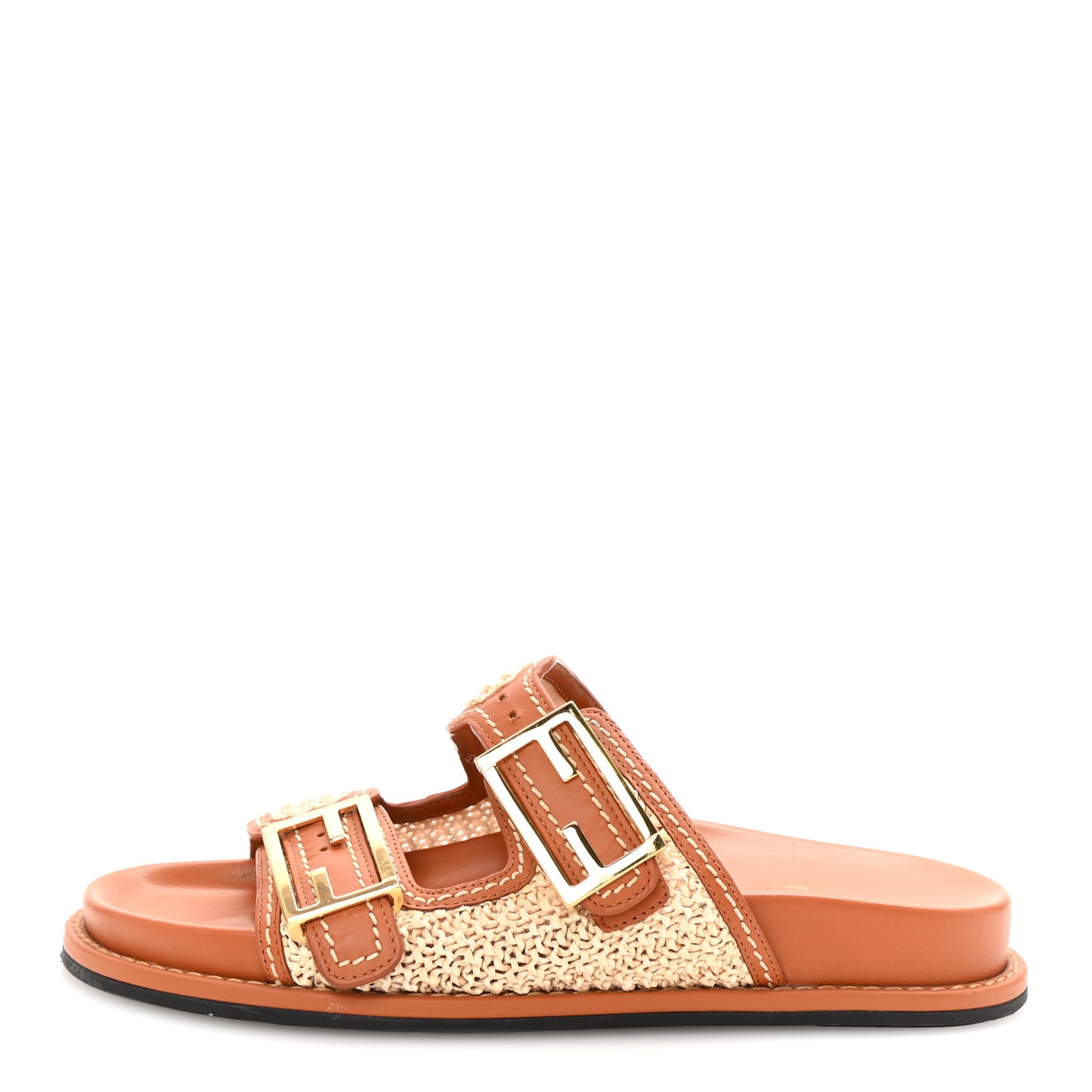 Raffia Vitello Womens Fendi Feel Buckled Slide Sandals 37 Paglia Brandy