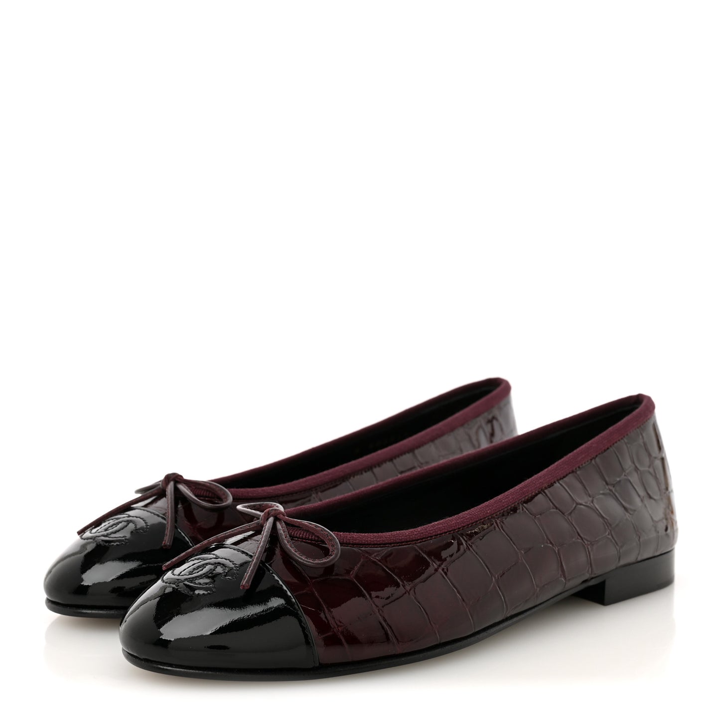Patent Calfskin Crocodile Embossed Ballerina Flats 38 Dark Burgundy Black