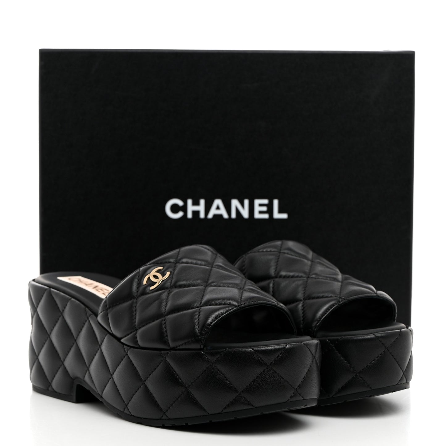 Lambskin Quilted CC Mules Wedge Sandals 39 Black
