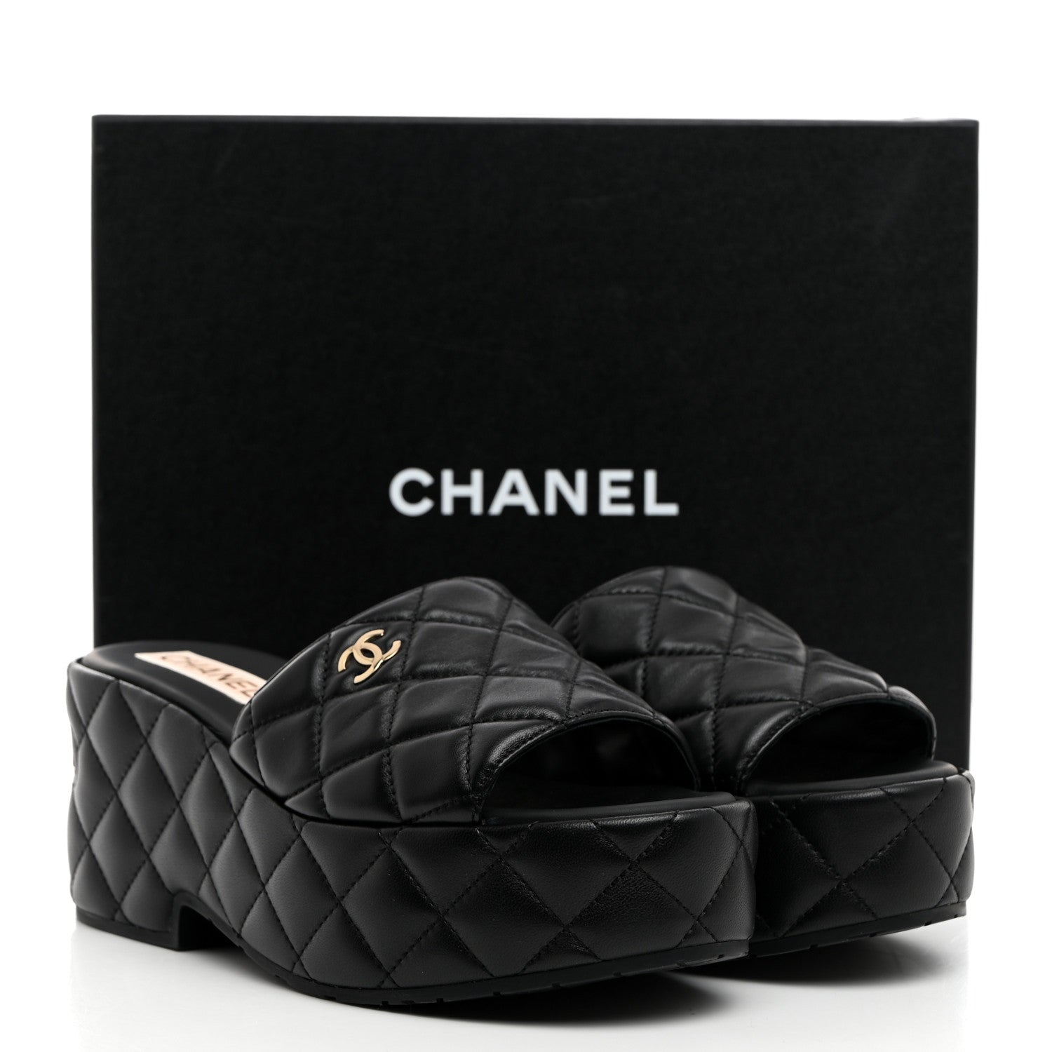 Chanel Lambskin Quilted CC Mules Wedge Sandals 39 Black 9 of 9