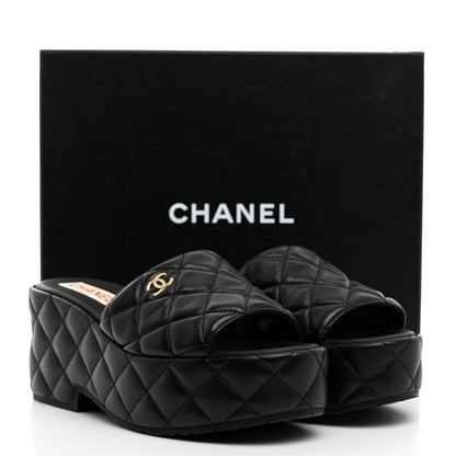 Chanel Lambskin Quilted CC Mules Wedge Sandals 39 Black 9 of 9