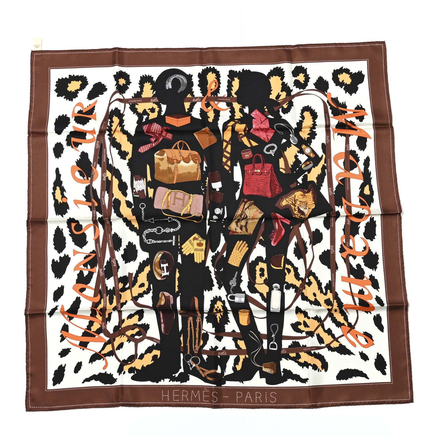 Hermes Silk Monsieur et Madame Scarf 90 Chocolat Ivoire Black 1 of 4