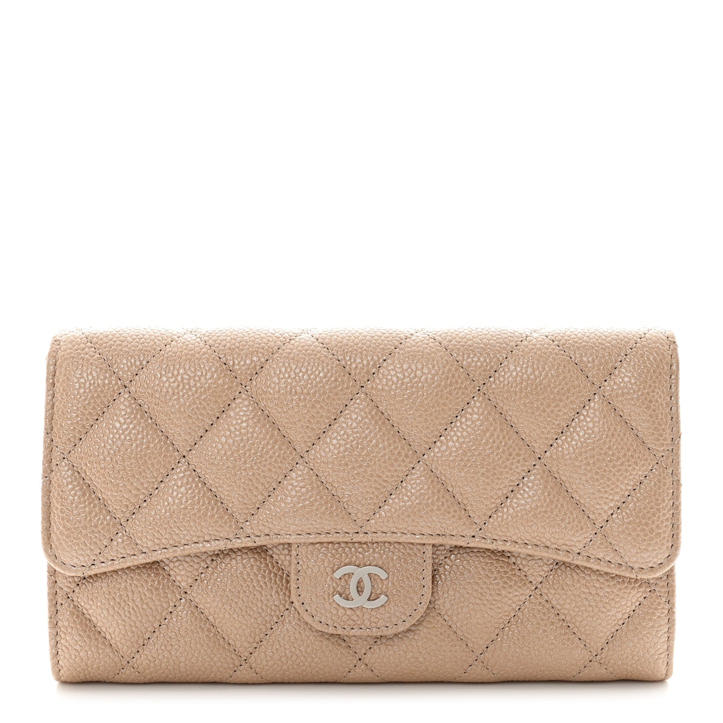 Pearly Caviar Quilted Large Gusset Flap Wallet Dark Beige