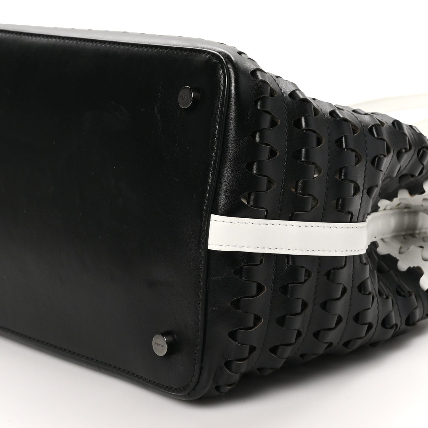 Woven Calfskin Mina Tote Black White
