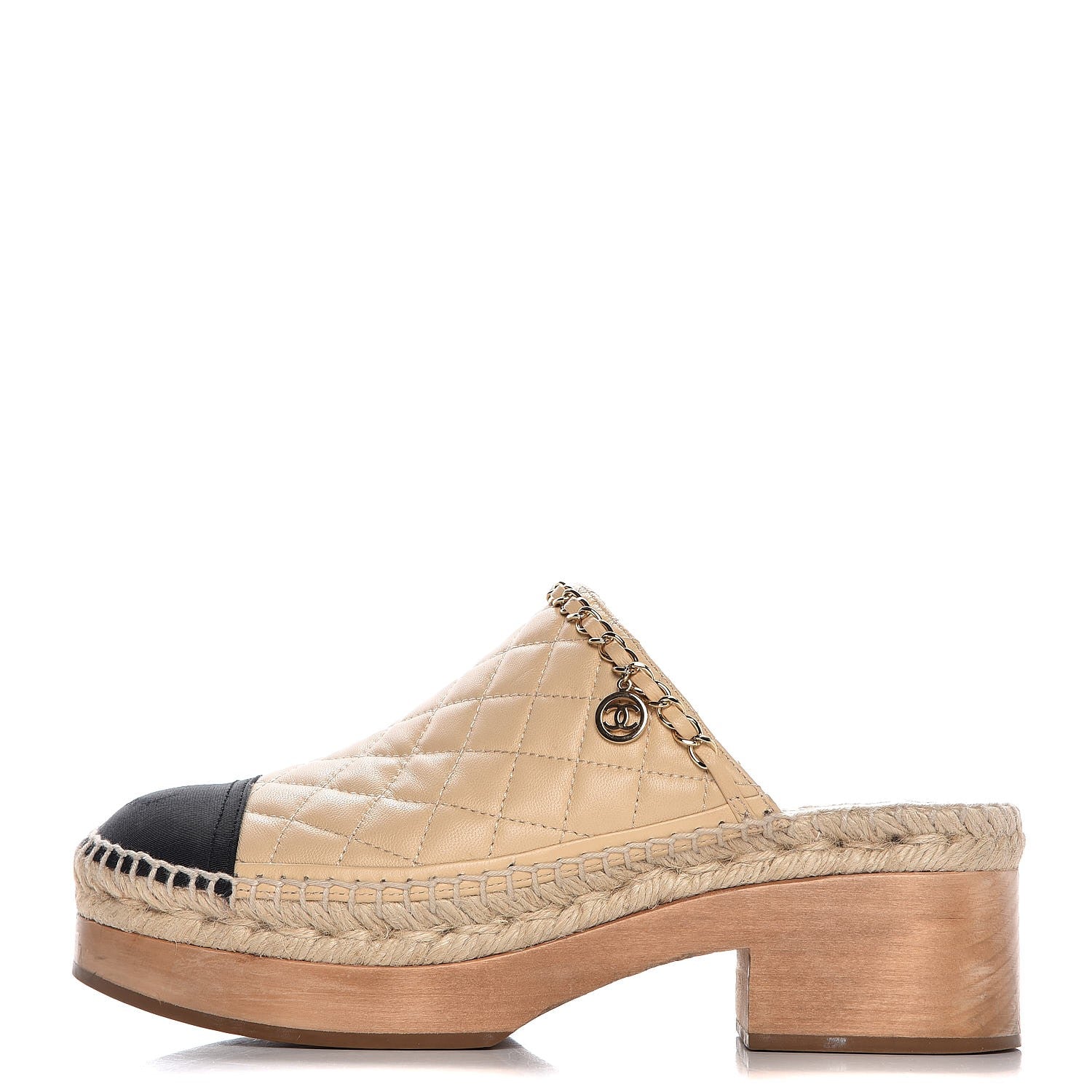 Chanel Lambskin Grosgrain Quilted CC Chain Espadrille Mules 39 Beige Black 1 of 12