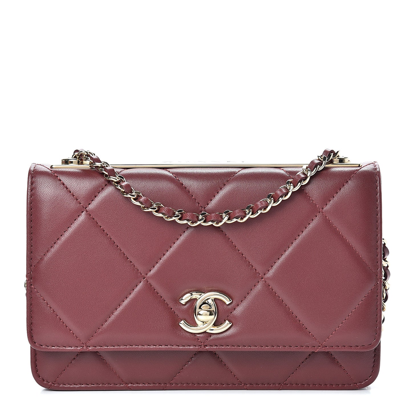 Lambskin Quilted Trendy CC Wallet On Chain WOC Dark Red